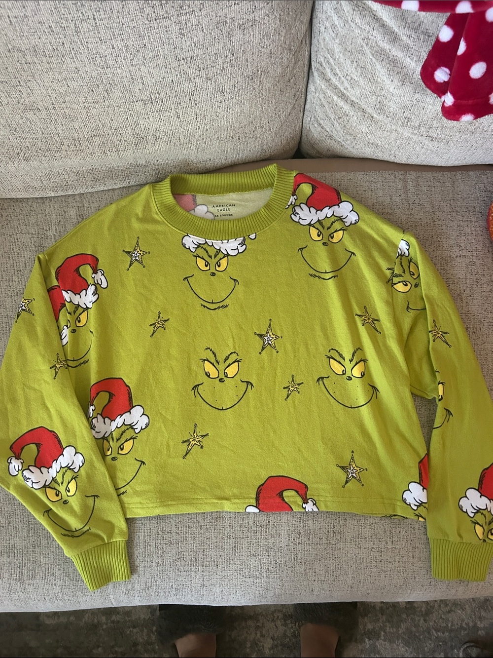 American Eagle Outfitters Lime Green Grinch Face Holiday PJ Shirt
